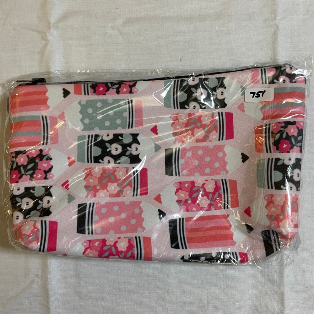 The Pouch Pencil Floral Cosmetic Bag Womens OS Pink NWT Whimsical‎ Zipper Pouch